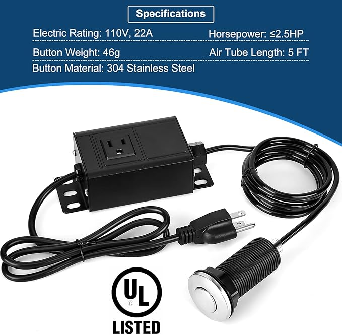 Air Switch Kit for Garbage Disposal, UL Listed Sink Top Air Switch for Food Waste Disposal, 3.58” Extra Long Air Button (Brushed Stainless Steel)