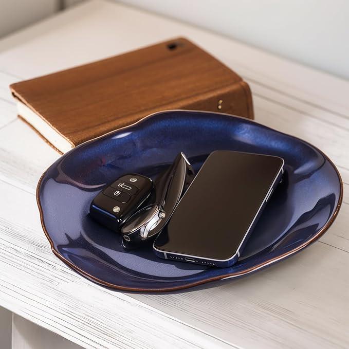 Blue Ceramic Decorative Bowl –10.4" Small Trinket Dish, Fruit Bowl, Candy Dish, Key Bowl for Entryway Table, Jewelry & Ring Dish, Porcelain Catchall Dish for Kitchen, Bedside, Living Room Home Decor