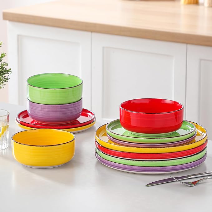 vancasso Bonita Stoneware Dinnerware Sets, 12 Pieces Dishes Set，Polished Round Plates and Bowls Set for 4, Dishwasher and Microwave Safe, Multicolor