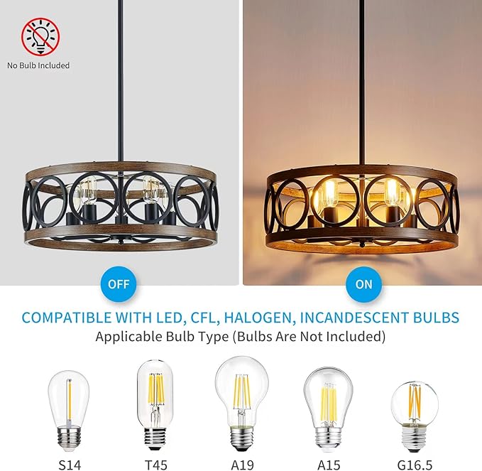 XINGQI 21.7'' Modern Chandelier, Farmhouse Drum Chandeliers for Dining Room Living Room Bedroom 5-Light Pendant Lighting Round Black Metal Antique Wood Grain Finish Adjustable