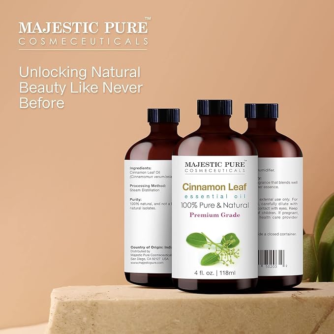 Majestic Pure Cinnamon Essential Oil with Glass Dropper - Huge 4 Fl Oz - 100% Pure and Natural Cinnamon Oil - Premium Grade Essential Oils for Diffuser, Aromatherapy, Soap and Candle Making
