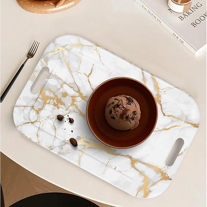 Serving Trays with Handles, 14.5 x 9.8 inch Rectangular Plastic Tray for Restaurant, Kitchen, Golden White Marble