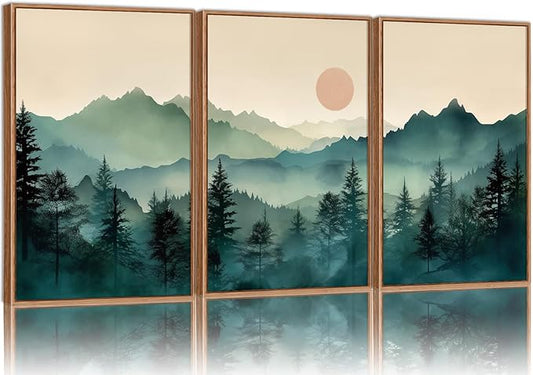SIGNINART Large Boho Mountain Framed Canvas Wall Art Set, Nature Pine Tree Wall Painting, Abstract Foggy Forest Wall Decor, Modern Sunrise Art Prints for Bedroom Living Room and Office - 16"x24"x3
