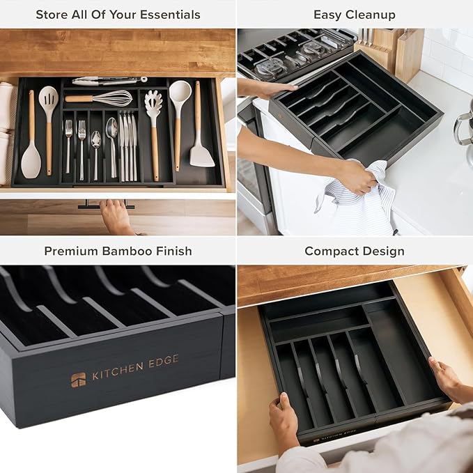 Premium Silverware, Flatware and Utensil Organizer for Kitchen Drawers, Food-Safe Contract Grade, Expandable from 16 to 28 In, Black Bamboo