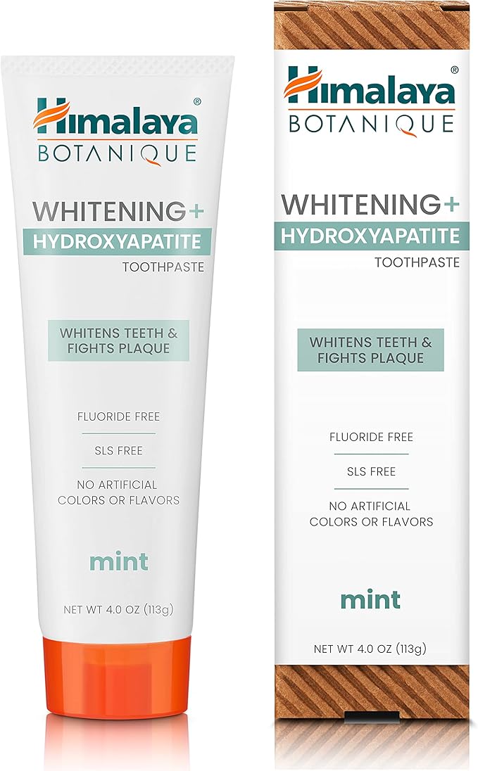 Himalaya Botanique Whitening + Hydroxyapatite Toothpaste for Whiter Teeth & Fresher Breath with Hydroxyapatite Support & Mint Flavor, Fluoride-Free, SLS Free, & Vegan, 4.0 oz (113g)…
