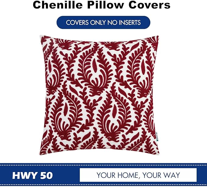 HWY 50 Burgundy Red Decorative Throw Pillow Covers 18x18 Inch (1 Piece), Embroidered Cotton Farmhouse Cushion Cover Pillow Case for Sofa Couch Living Room Bed Bedroon, Floral Branches