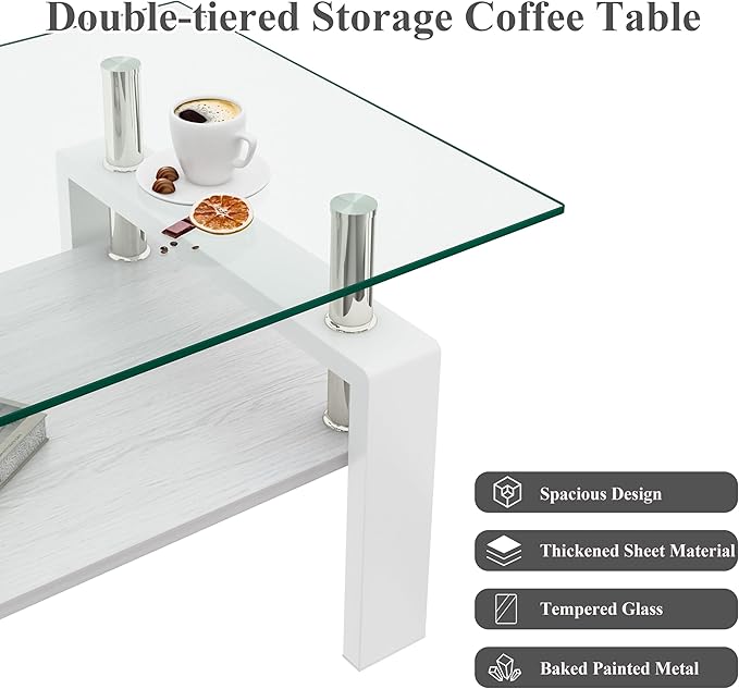 Glass Coffee Table Rectangle Living Room Center Table, with Transparent Tempered Glass Tabletop and White MDF Layer,for Living Room and Office, Transparent +White