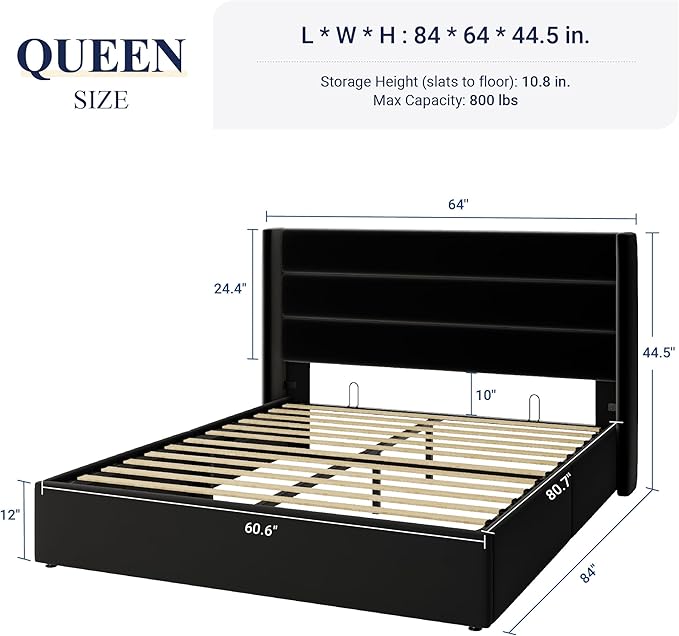Allewie Queen Size Velvet Lift Up Storage Bed, Modern Wingback Headboard, Hydraulic Support, No Box Spring Needed, Black