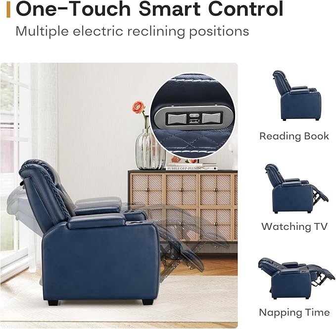 ANJ Power Home Theater Seating Set of 2, Blue Faux Leather Electric Recliner Chair with Powered Headrest, Dual Motors Movie Reclining Chairs with LED Lights,USB Port,Cup Holders, Hidden Arm Storage