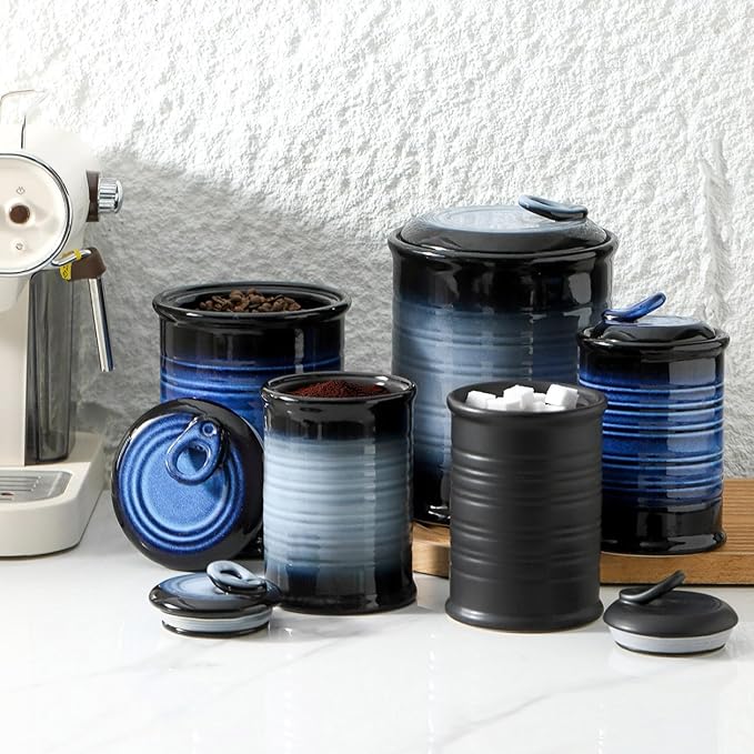 Nihow Food Storage Jar Sets: Ceramic Container with Air Tight Lid for Flour/Sugar/Rice/Coffee/Cookies/Candy - Seal Damp-proof Canister for The Kitchen Counter - Set of 4 （Matte Black）