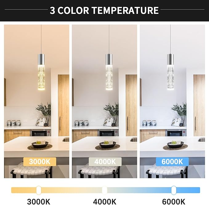 OKELI Modern Pendant Lights,3 Color LED Bubble Crystal Island Light Fixtures,Chrome Mini Pendant Lighting for Kitchen Island,Bar,6W,3000-6000K,ETL,3 Pack