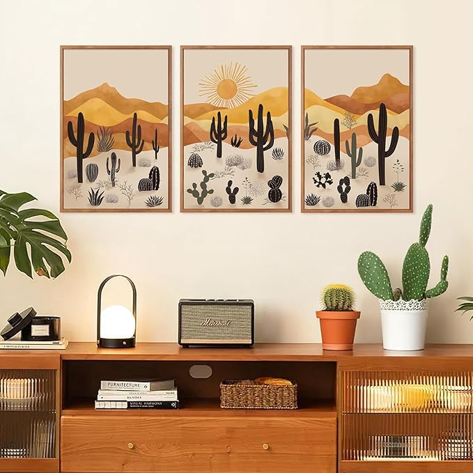 KAIRNE Cactus Canvas Wall Art,Desert Landscape Paintings,Aesthetic Abstract Prints Set of 3(16”X24”),Minimalist Farmhouse Wall Decor,Abstract Boho Artwork for Living Room Bedroom Office Decoration