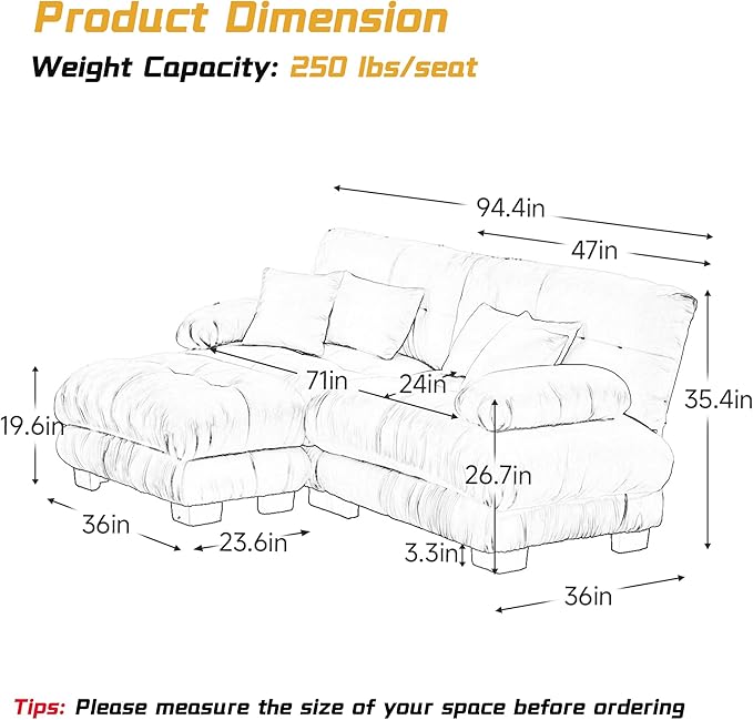 Modular Sectional Sofa, L Shaped Couch with Ottoman, 2 Seater Cloud Couch Small Couches for Small Spaces, Modern Deep Seat Sofa Living Room Oversized Loveseat W/Bolster Armrests 4 Pillows