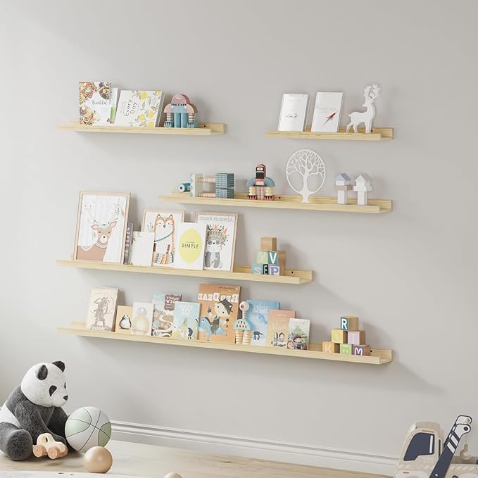SAUMONIERES Picture Ledge Shelf Floating Book Shelves Set of 2 Wall Mounted Solid Wood for Bedroom Bathroom Living Room Kitchen, 36 Inch Natural