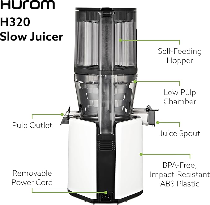 Hurom H320 Cold Press Juicer Machine, Easy to Clean Masticating Slow Juicer, Coarse Strainers, Self-Feeding, Hands Free, Family Size, Quiet Motor, Easy Assembly (White)
