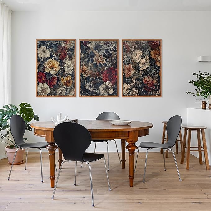 Aurlan Dark Moody Boho Wildflowers Wall Art Set(16"x24"), 3 Pieces Vintage Mid Century Modern Floral Framed Canvas Artwork, Large French Penoy Botanical Wall Decor for Office Bedroom Living Room