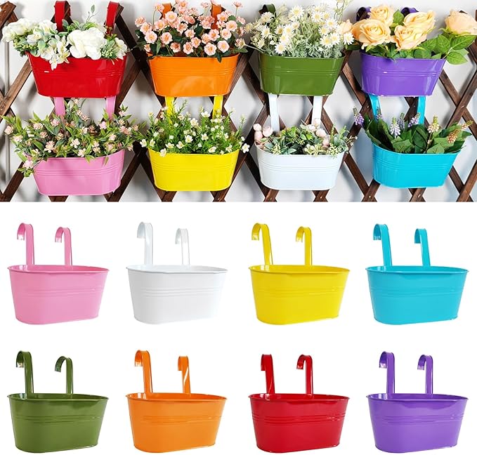 8 Pack Hanging Planters 10", Colorful Metal Bacony Railing Planter for Outdoor Decor, Countryside Fence Pot Flower Bucket for Rails Patio Garden, Plant Pot for Herb (Multi-Color, 8Pcs)