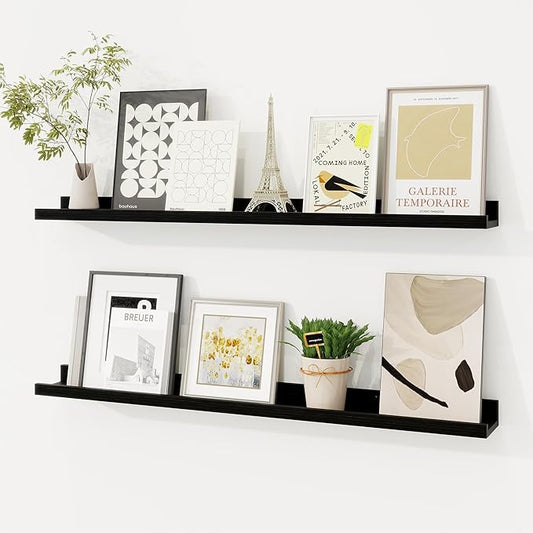 Picture Ledge Shelf, Solid Pine Wood Floating Shelves Set of 2, 32 Inches Nursery Book Shelves for Toys Storage, Kids Bookshelf Wall Mounted for Living Room Bedroom Decor Books Photo Frames, Black
