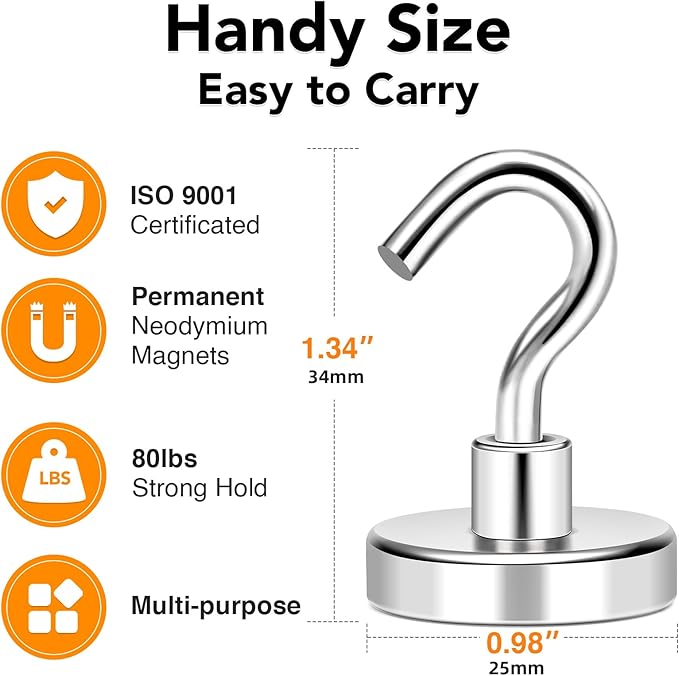 MIKEDE Magnetic Hooks, 80LB+ Heavy Duty Magnetic Hooks Cruise with Epoxy Coating for Refrigerator, Strong Magnet Hooks for Tool Room, Magnetic Metal Hooks for Grill - 8 Pack