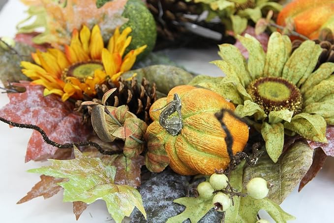 Admired By Nature 24 Inch Artificial Fall Pumpkin Sunflowers Wreath Wall Door Farmhouse Decor For Home Office Thanksgiving Harvest Wreaths For Front Door Cemetery Wreaths Indoor Outdoor, Green/Autumn