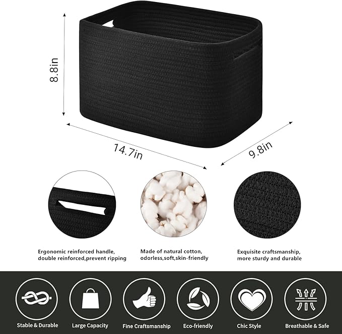 Storage Basket,Woven Baskets for Storage,Cotton Rope Baskets for Organizing,decorative Baskets for Shelves,book Basket,towel Basket,Toy Basket or Storage Bins for Living Room - 3 Pack,Black