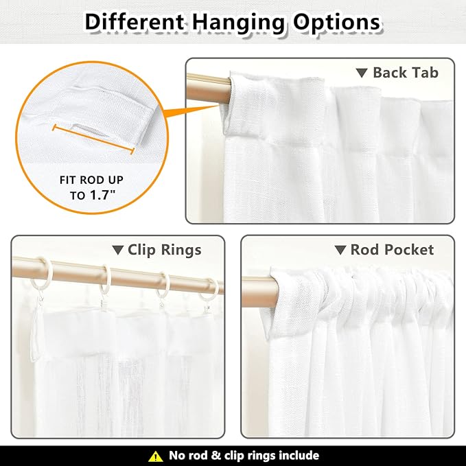 MYSKY HOME Floor to Ceiling Curtains 102 Inches White Sheer Window Drapes 2 Panel Sets Back Tab Draperies Linen Look Boho Fabric, Soft Cotton Blend Light Filtering for Living Room