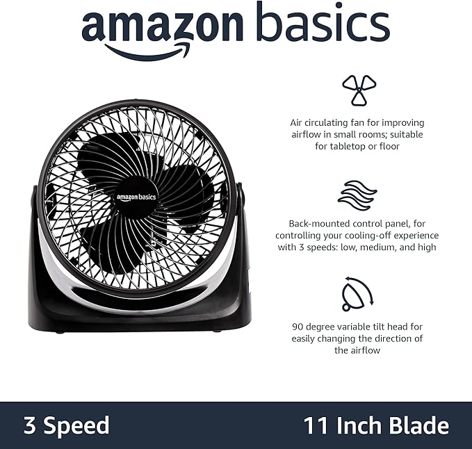 Amazon Basics Air Circulator Fan, Desk Fan for Bedroom, Home and Office, With 90-Degree Tilt Head, 3 Speed Settings, Lightweight (4.2 LBS), 70 Watts, Black, 14.8"Wx7.6"Dx14.1"H