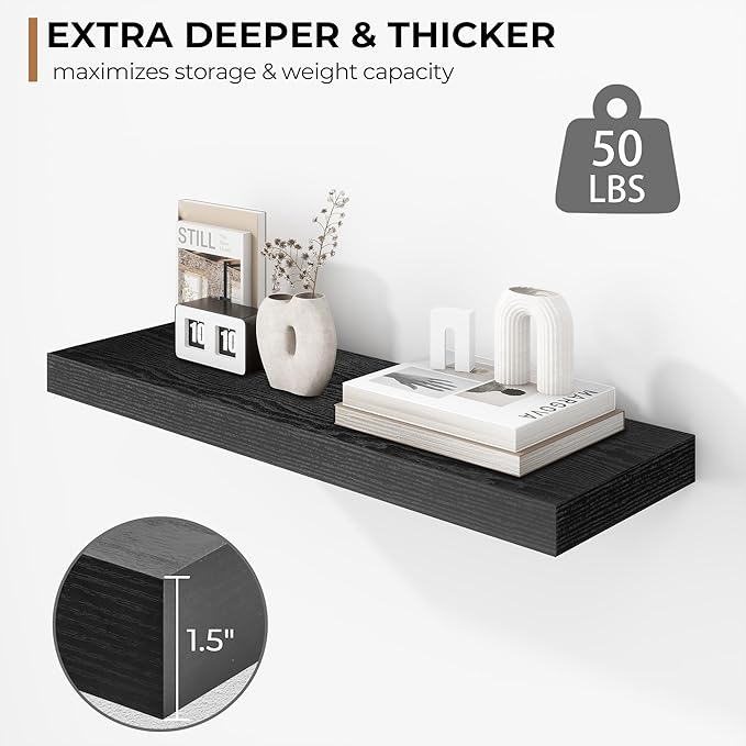Fun Memories 24 Inch Floating Shelves - Deep Rustic Black Wooden Wall Shelves - Extra Deeper & Thicker Wall Mounted Storage Shelf for Bedroom, Kitchen, Farmhouse - 2 Pack, Rustic Black