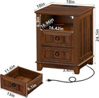18" Farmhouse Night Stand with Charging Station, 2 Drawers End Table Dresser for Bedroom, Brown Wooden Nightstand, Bed Side Table with Open Shelf, Bedside Cabinet for Living Room, Closet