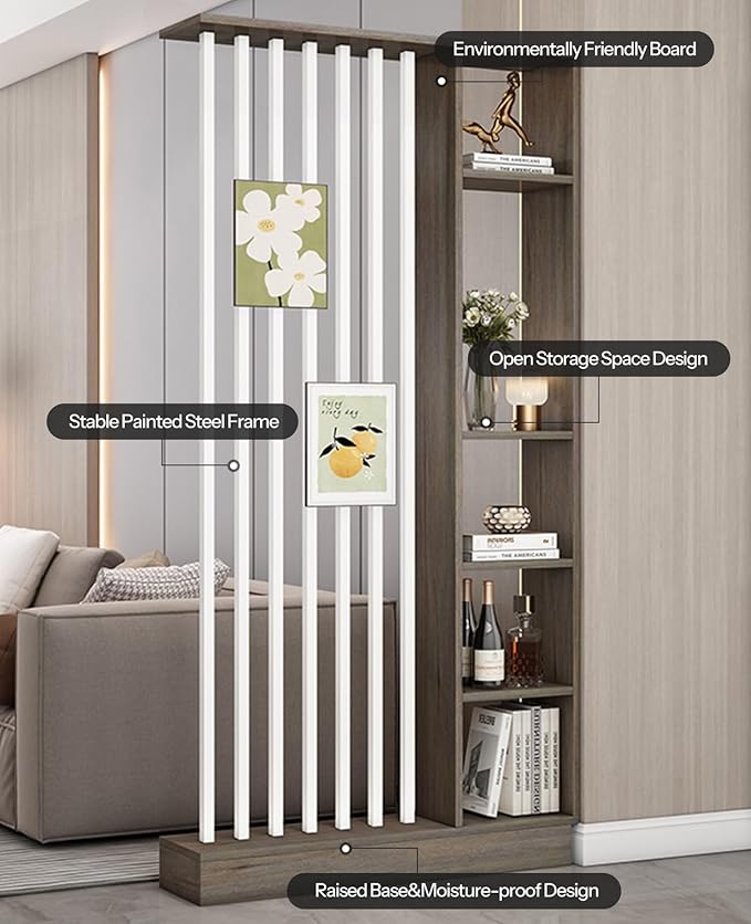 Wall Room Divider, Storage Cabinet Storage Display with Shelves, Modern Freestanding Wood Room Divider Screen, Wall Privacy Screens for Home Decorative (Grey Oak+White,39.5" L x 9.5" W x 79.5" H)
