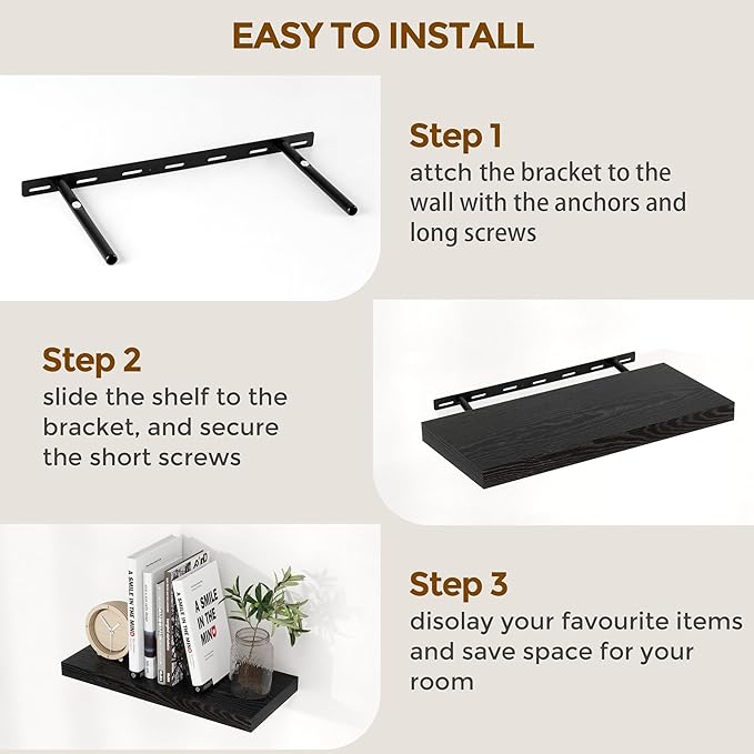 24 Inch Floating Shelves, Rustic 24 x 9 Black Floating Shelf for Wall, Black Bathroom Shelf Set of 2, Farmhouse Wood Wall Shelves for Bedroom, Kitchen, 9 Inch Deep Shelves for Home Storage