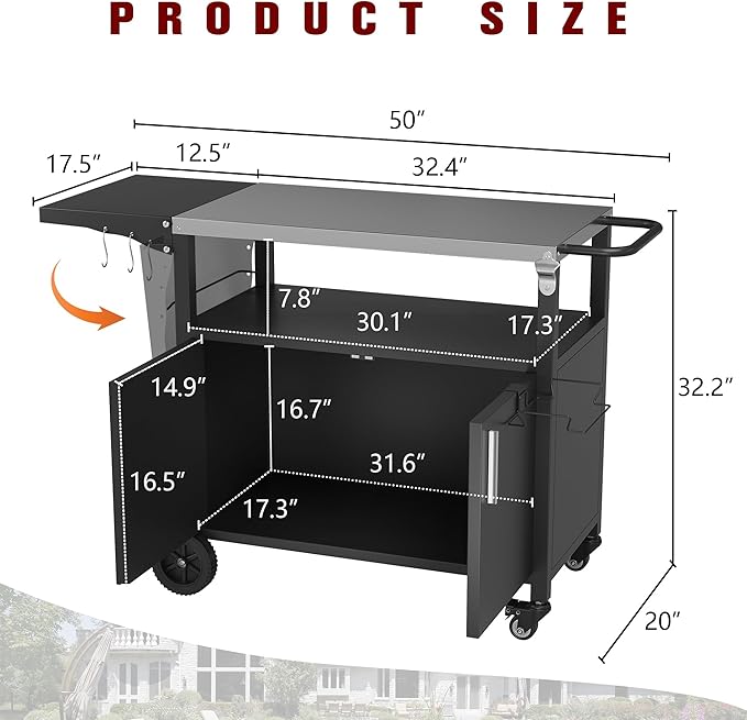 Vongrasig Grill Cart with Storage, Outdoor Bar Cart Rolling BBQ Cart Movable Pizza Oven Table Stand with Foldable Stainless Steel Top & Storage Cabinet, Black