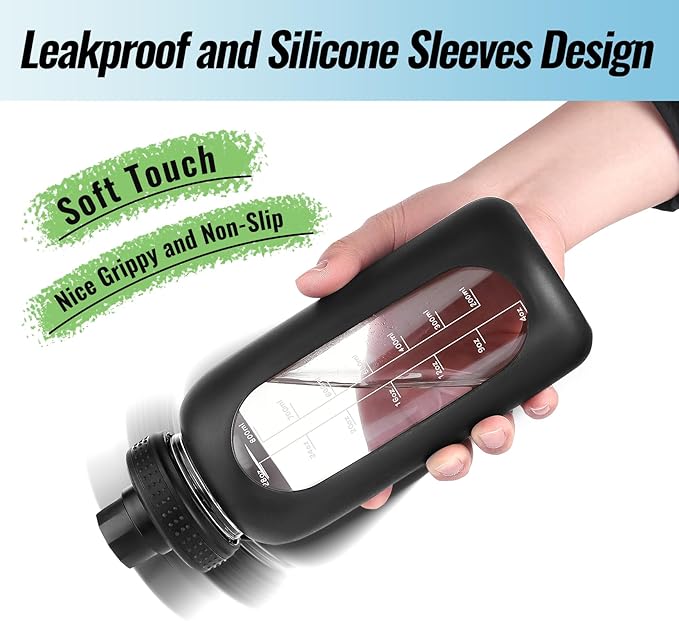 32 oz Glass Water Bottle with Straw and Handle, Sports Motivational Water Flask with Silicone Sleeve, Large Leakproof Water Flask Cup with Time Marker for Travel, Gym, Army Green