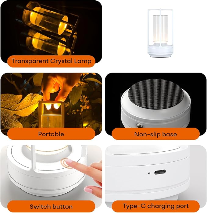 Portable Metal Table Lamp for Indoor/Outdoor ,Rechargeable Cordless LED Lamp, 3-Colour Infinitely Dimming Battery Powered Small Desk Lamp, Restaurant/Bedroom/Bar/Coffee Shop/Camping Light (White)