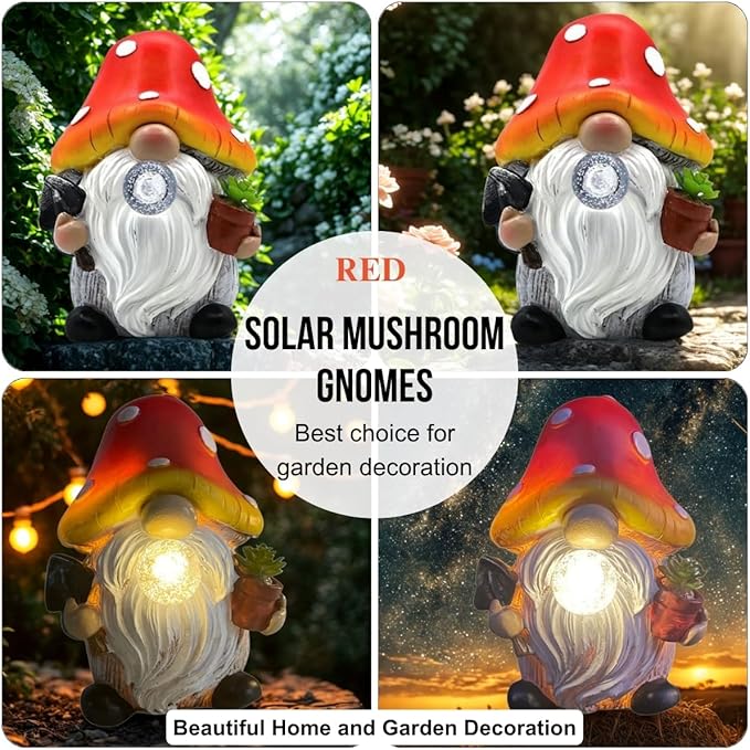 Solar Mushroom Gnomes Garden Statues Outdoor Decor with Night Glow,Cute Fairy Garden Statues for Yard,Pathway,Lawn Art Ornamen,Spring,Easter,Birthday Christmas Women Mom Gift Idea (Red)