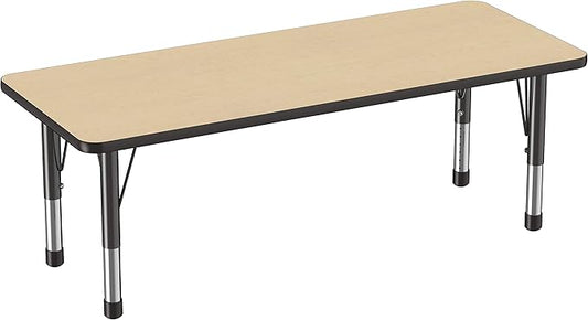 FDP Rectangle Activity School and Classroom Kids Table (24 x 60 inch), Chunky Toddler Legs, Adjustable Height 15-24 inches - Maple Top and Black Edge