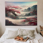Japanese Tapestry, Red Plum Cherry Blossom Mountain, Nature Landscape, Bedroom & Living Room Decor, 80"x60"