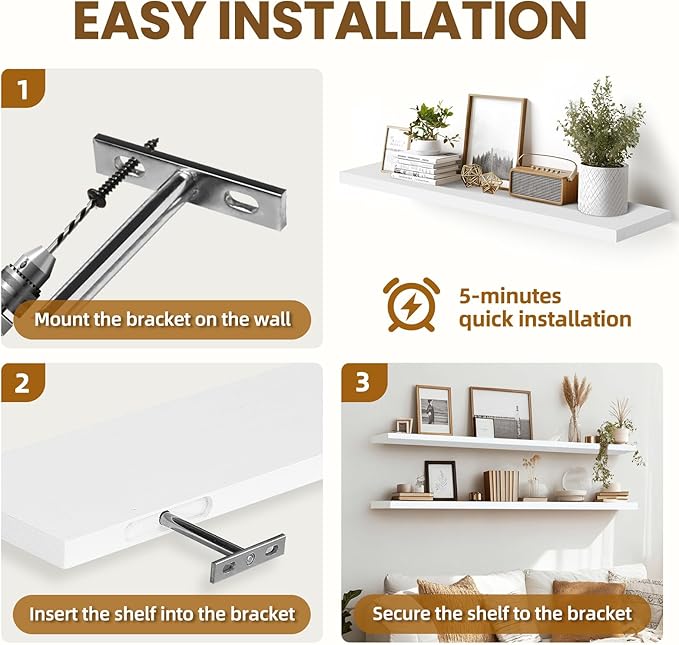 Floating Wall Shelves 2-Pack - 36-Inch Rustic White Wooden Shelves for Storage and Décor, Easy Installation for Living Room, Bedroom, and Kitchen