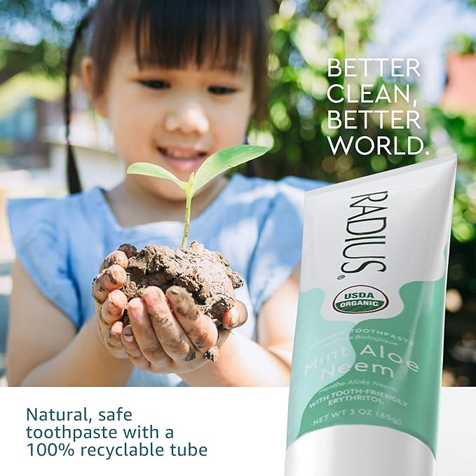 RADIUS Toothpaste, Mint Aloe Neem, 3 oz, USDA Organic Non-Toxic Chemical-Free Gluten-Free, Designed to Improve Gum Health & Prevent Cavities, Pack of 1