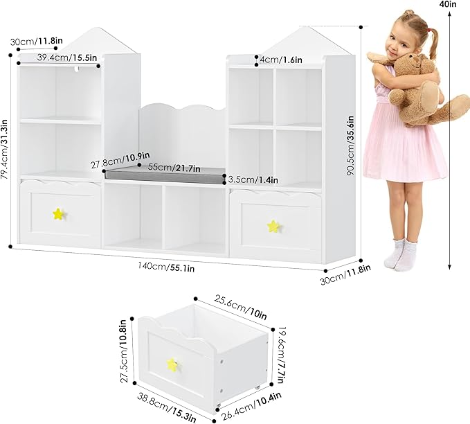 Kids Bookshelf with Reading Nook, Kids Bookcase with Soft Cushion Seat, 2 Wheels Drawers and 8 Storage Cubbies, Toy Storage Organizer for Kid's Room Playroom, Bedroom, School, White