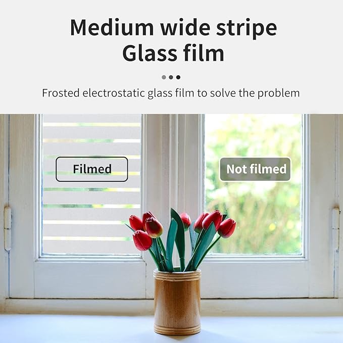 Window Privacy Film with Installation Tools, Stripe Window Film, Static Cling, Anti UV, Heat Control, Ideal for Home Shower Office Glass Door (Stripes Pattern, 29.6X78.7Inch)