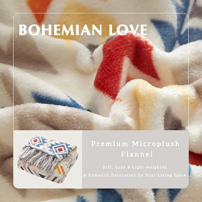 CASAAGUSTO Boho Throw Blanket - Colorful Decorative Blankets with Tassel, Printed Flannel Bohemian Blanket for Chair, Bed, Sofa, Couch(60 * 80, Colorful)