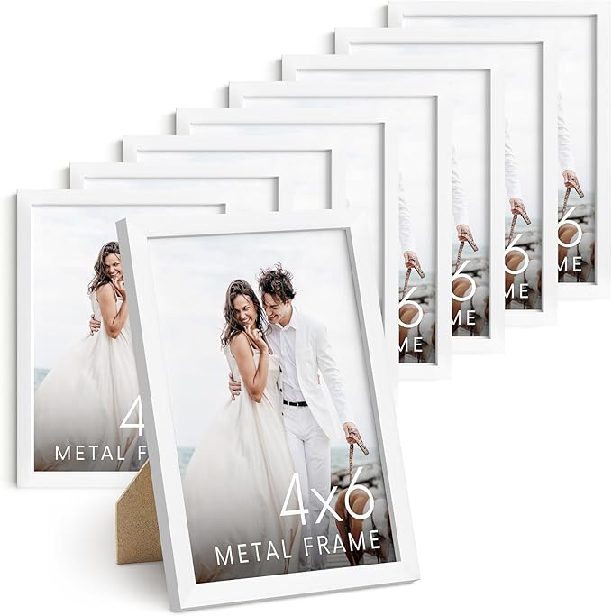 HAUS AND HUES 4x6 White Metal Picture Frames - Bulk Frames 4X6 - Features Premium Aluminum, Vertical Hanging, Easel Back for Tabletop, Home, Office (4x6 in, White, Set of 9)