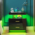 Night Stand with Light, High Gloss Nightstand with USB/Wireless Charging Station, LED Black Nightstands with Storage Drawers, RGB Side End Table for Bedroom Furniture（Black）