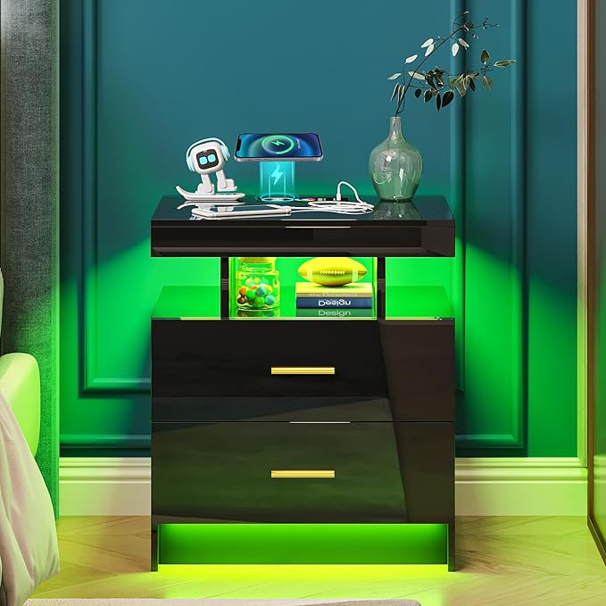 Night Stand with Light, High Gloss Nightstand with USB/Wireless Charging Station, LED Black Nightstands with Storage Drawers, RGB Side End Table for Bedroom Furniture（Black）