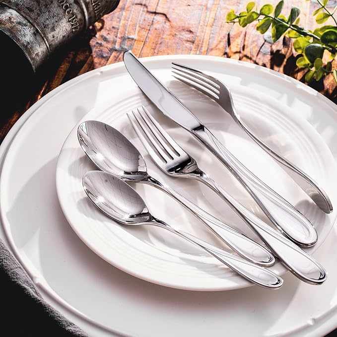 HIKAA Wave Design Silverware Set Service for 4, 20-Piece Artistic Stainless Steel Flatware Set with Fibonacci Pattern, Heavy Duty Mirror Polished Cutlery Set