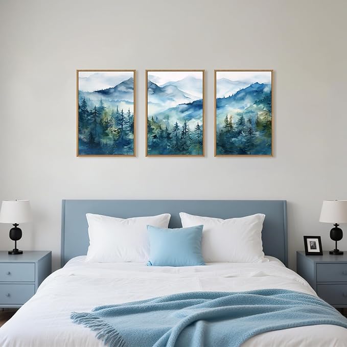 Celestdeco Blue Ridge Mountains Forest Framed Canvas Wall Art Set, Natural Landscape Wall Decor, Green Pine Trees Wall Painting, Woodland Artworks for Living Room, Bedroom, Dining Room - 24"x36"x3