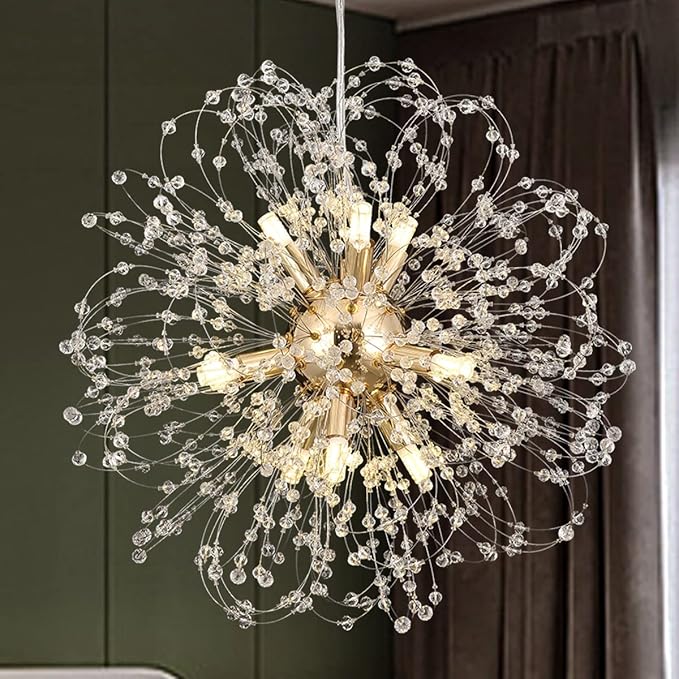 Modern Sputnik Chandeliers for Dining Room, Gold Dandelion Ceiling Hanging Lamp, Round Crystal Beaded Pendant Lights for Bedroom Living Room Farmhouse Kitchen Island (Gold 9Lights)