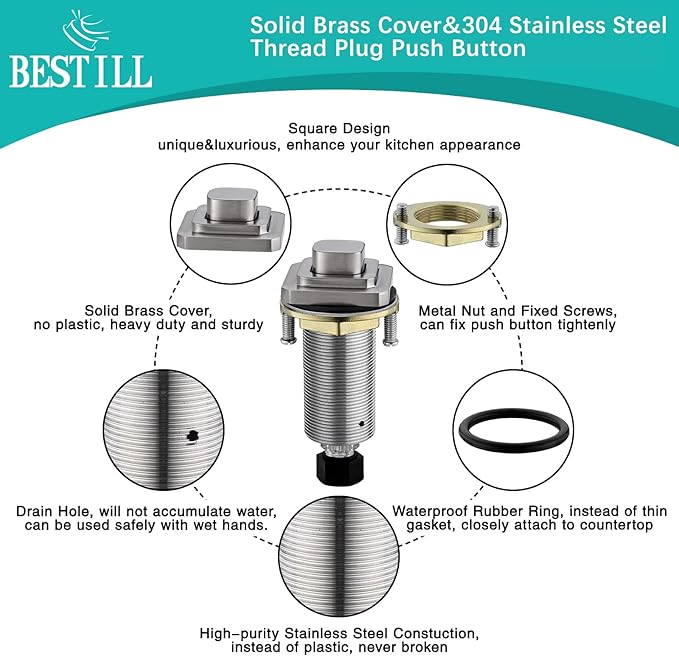 BESTILL Garbage Disposal Air Switch Kit, Square Raised Push Button Ideal for Long Nails, Cordless Sink Top Brass Switch for Food Waste Disposer, Brushed Nickel, Compatible with all Garbage Disposals