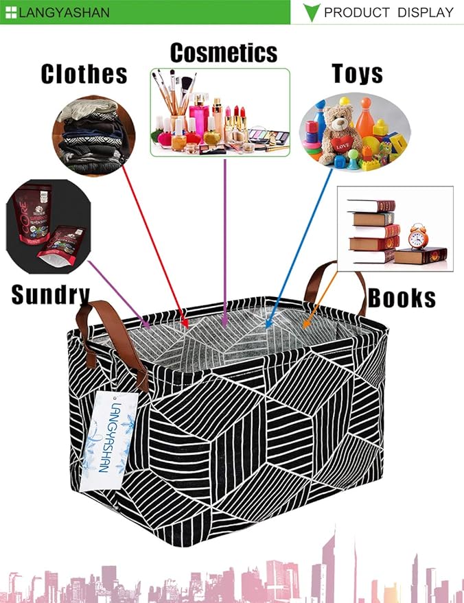 LANGYASHAN Rectangular Storage Bin Collapse Canvas Fabric Cartoon Storage Basket with Handles for Organizing Home Kitchen Boys and Girls Toys Office Closet Shelf Baskets (Black Diamond)